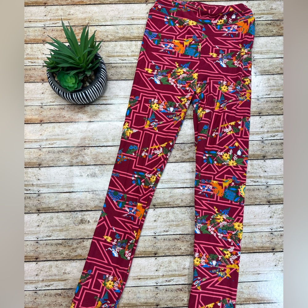 Pink Floral Kids Leggings (L/XL LuLaRoe LLR 8-14) white blue yellow green orange